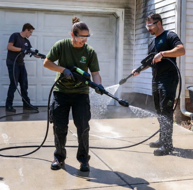 professional cleaning team using eco-friendly equipment on a driveway and siding